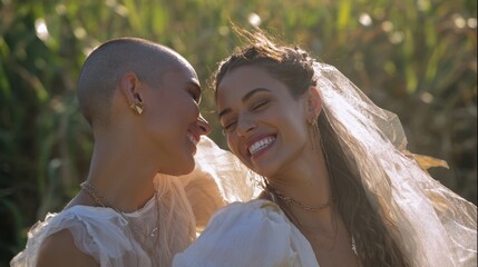 The joyful moment shared between two brides in a sunny field