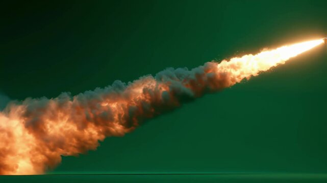 Ballistic missile launching, leaving a bright fire and smoke trail, on a chroma key green screen background, perfect for compositing and visual effects