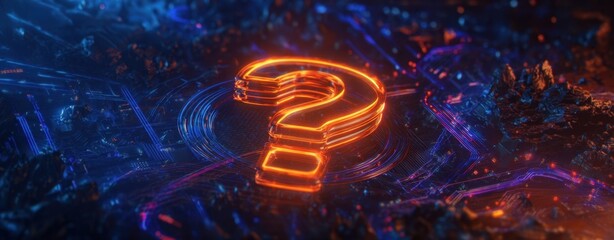 The glowing question mark illuminating a futuristic digital landscape.