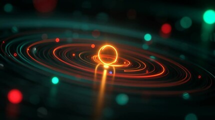 Glowing orb surrounded by concentric rings with bokeh effect in a dark abstract environment - Powered by Adobe