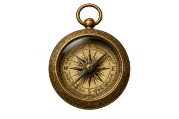 Vintage antique brass compass isolated on transparent background, navigation