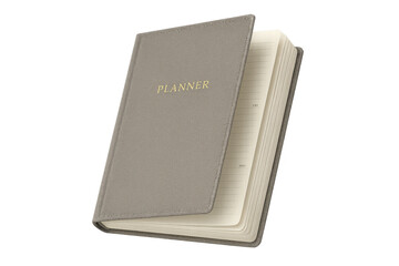 Gray personal planner with 'PLANNER' on cover, isolated on transparent background