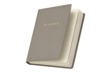 Gray personal planner with 'PLANNER' on cover, isolated on transparent background