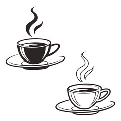 Obraz premium Two Black and White Coffee Cups with Steam on Saucers