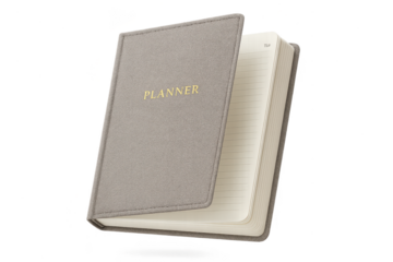 Stylish grey planner with golden 'PLANNER' text, isolated on transparent background