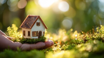 The delicate miniature house held in hands surrounded by lush greenery.