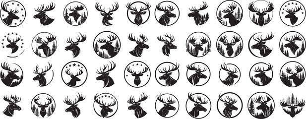 Collection of Black and White Moose Icons for Hunting and Wilderness Themes