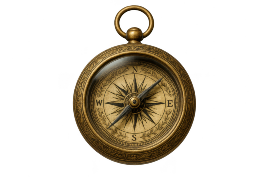 Vintage antique brass compass isolated on transparent background, navigation
