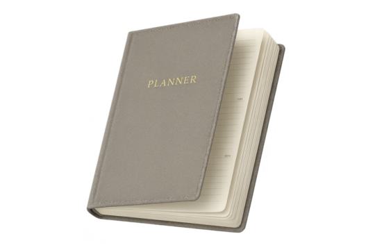 Gray personal planner with 'PLANNER' on cover, isolated on transparent background