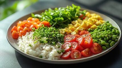 Balanced meal with fresh vegetables lean protein and whole grains food background