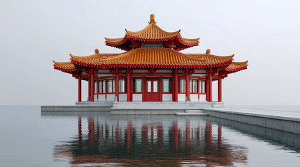 Traditional Chinese pavilion with red columns and orange tiled roof over calm lake