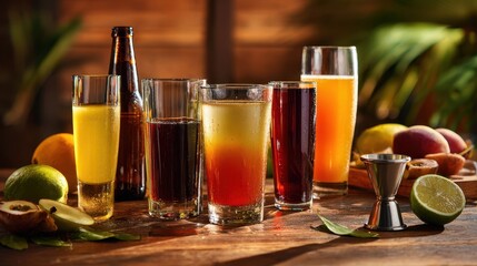 The colorful assortment of drinks showcasing refreshing cocktails and fruits.