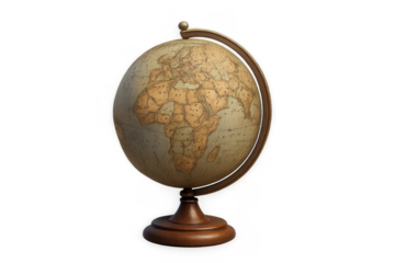 Detailed antique world globe isolated on transparent background, vintage map