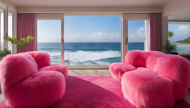 Fototapeta bright pink fuzzy furniture dominates the room with an inviting ocean backdrop seen through the window