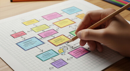 Creating a flowchart diagram concept map with pencil on paper for business plan