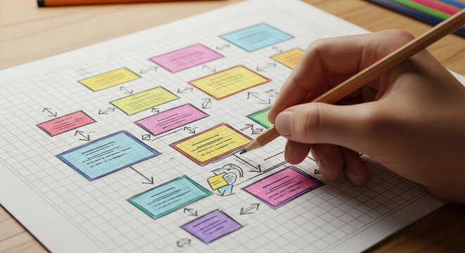 Creating a flowchart diagram concept map with pencil on paper for business plan