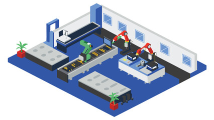 Isometric view of a factory floor with robotic arms and conveyor belts processing materials in blue room