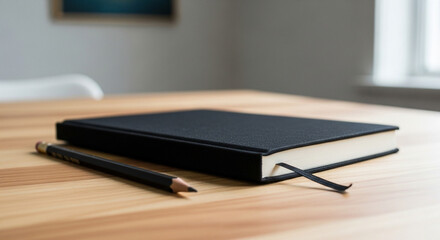 Black notebook and pencil on wooden table, writing and journaling concept stock photo