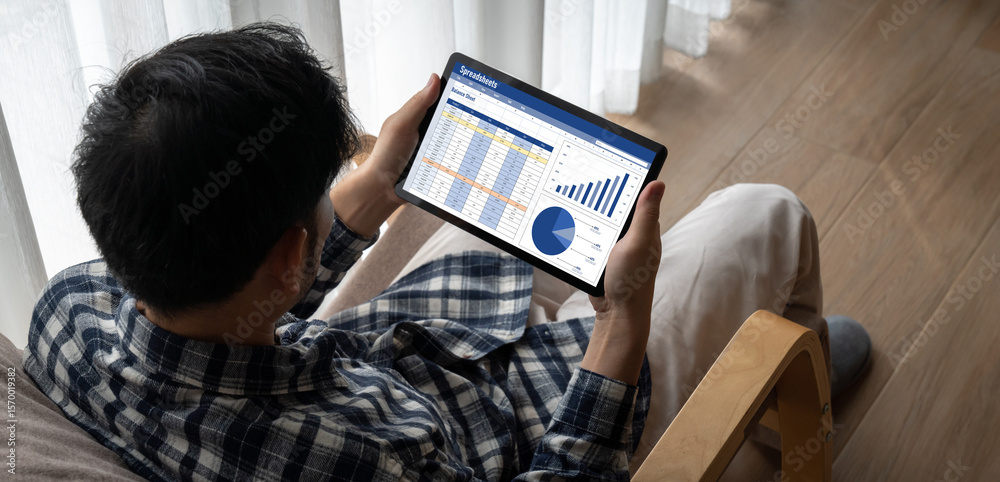 Poster spreadsheet document information financial startup concept. data and graphs in spreadsheet documents