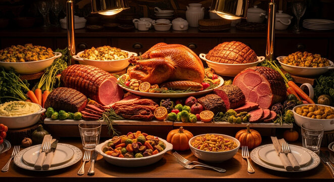 Thanksgiving dinner feast with turkey ham and sides holiday celebration table