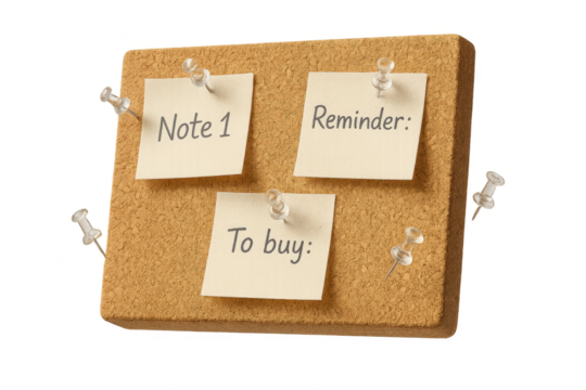 Cork board with various sticky notes and pushpins isolated on transparent background