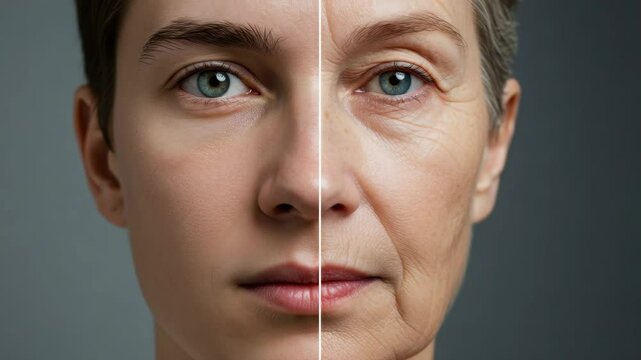 Timelapse of Aging Face: Youth to Old Age - Close-up split-face video showing the progression of aging on a woman's face, from youthful skin to a mature face with wrinkles.