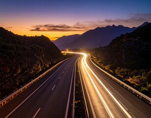 Highway at sunset, mountain scenery