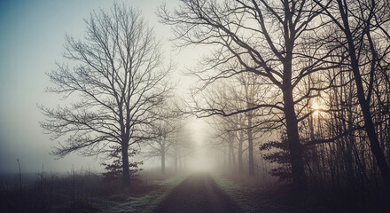 Foggy forest path landscape photography with bare trees and sunlight shining through