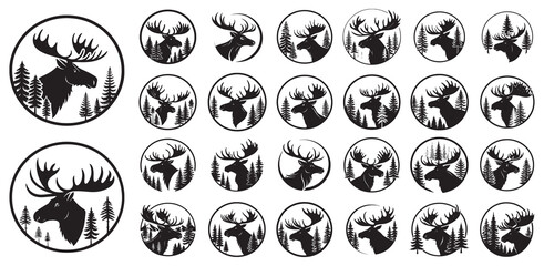 Wildlife Logo Templates: Moose Head in Circular Forest Badge