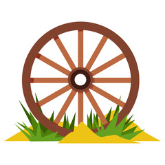 Wooden Pioneer wagon wheel with sand and grass