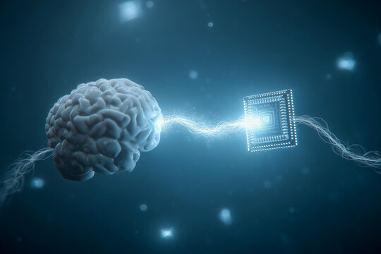 A glowing human brain is connected to a microchip by a bolt of energy, symbolizing artificial intelligence, technological innovation, brain-computer interfaces, and the future of human-machine integra