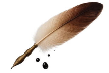 Antique feather quill pen with ink drops, isolated on transparent background