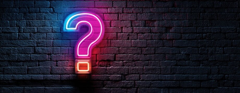 The glowing neon question mark on a dark brick wall for creative inquiries.
