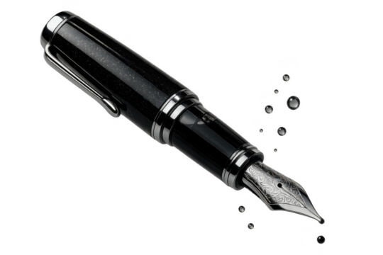 Elegant black fountain pen with silver nib isolated on transparent background