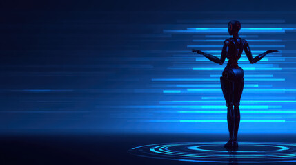 Futuristic AI Humanoid Robot on a Glowing Digital Platform in a Virtual Reality Metaverse - Advanced Technology Concept. Artificial intelligence, Copy space for text
