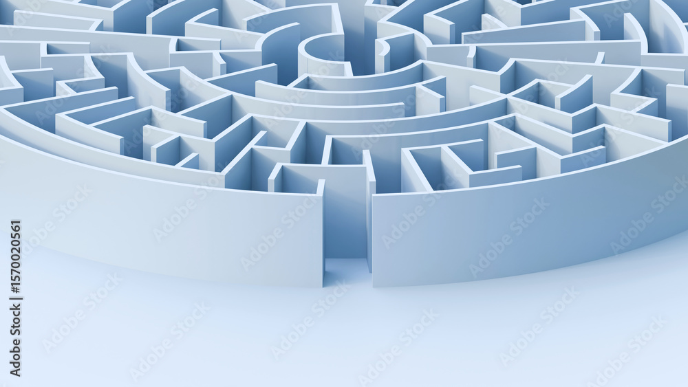 Aufkleber Business problems and solution concept. Circle labyrinth concept. Circle maze structure. Front view of an 3d rendered circle maze.