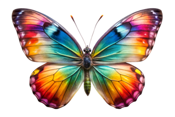 Radiant butterfly with brilliant rainbow hues gracefully spreading wings against a striking transparent background displaying colorful patterns.