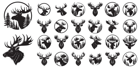 Set of Moose and Elk Vector Emblems for Outdoor and Adventure Brands