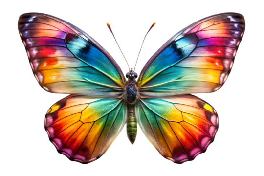 Radiant butterfly with brilliant rainbow hues gracefully spreading wings against a striking transparent background displaying colorful patterns.