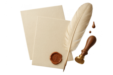 Vintage quill, wax seal, and parchment paper on transparent background