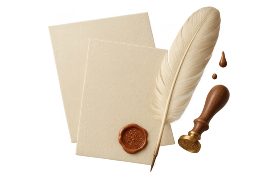 Vintage quill, wax seal, and parchment paper on transparent background