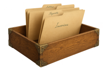 Rustic wooden document holder with office folders, isolated on transparent background