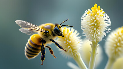 A close-up, macro photograph of a bee in flight, its body covered in yellow pollen, approaching a fluffy yellow catkin flower