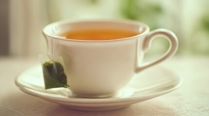 The warm cup of green tea on a cozy table setting