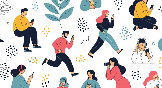 Diverse group of people actively engaged with their mobile devices in various everyday scenarios showcasing technology connection and modern lifestyles