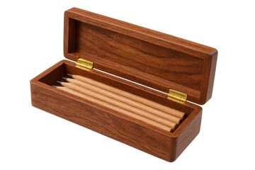 Wooden pencil box with pencils, isolated on transparent background, open box