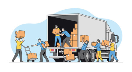 Professional movers carefully loading and unloading boxes into a large delivery truck for efficient relocation services
