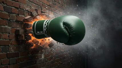 Green Boxing Glove Smashing Brick Wall - A powerful green boxing glove punches through a brick wall, creating a dramatic explosion of dust and debris. - Powered by Adobe