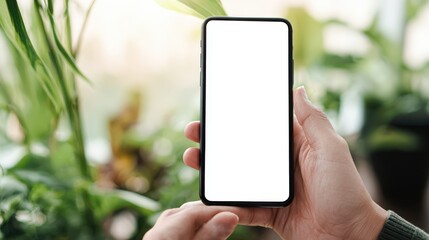 The smartphone held in a hand surrounded by lush greenery and natural light.