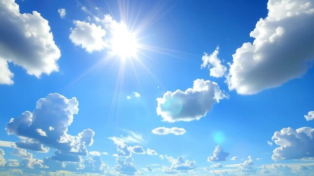 blue sky with scattered white clouds and radiant sunlight